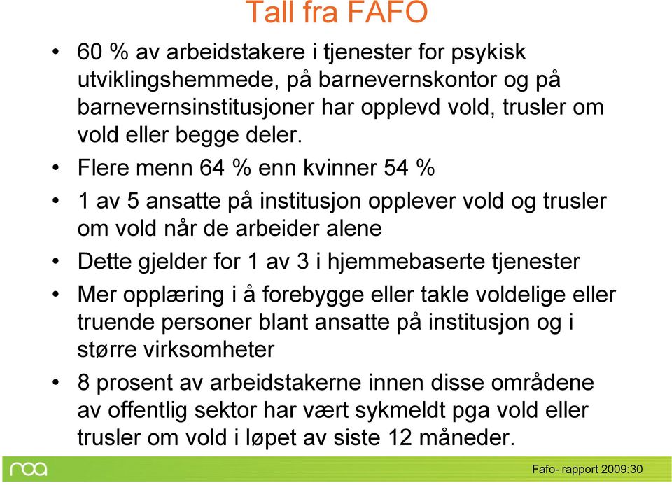 Flere menn 64 % enn kvinner 54 % 1 av 5 ansatte på institusjon opplever vold og trusler om vold når de arbeider alene Dette gjelder for 1 av 3 i hjemmebaserte