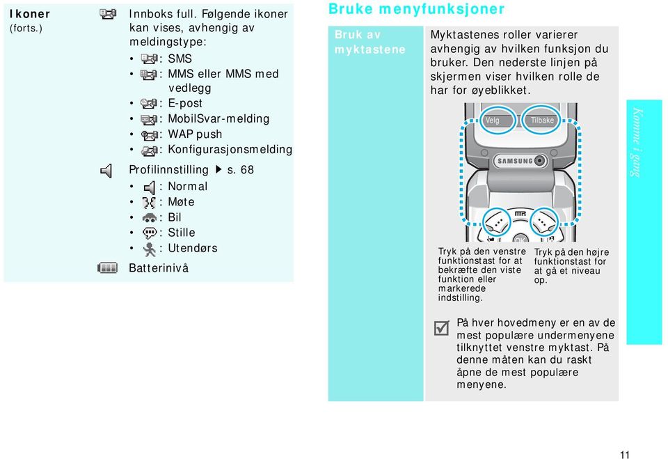 68 : Normal : Møte : Bil : Stille : Utendørs Batterinivå Bruke menyfunksjoner Bruk av myktastene Myktastenes roller varierer avhengig av hvilken funksjon du bruker.