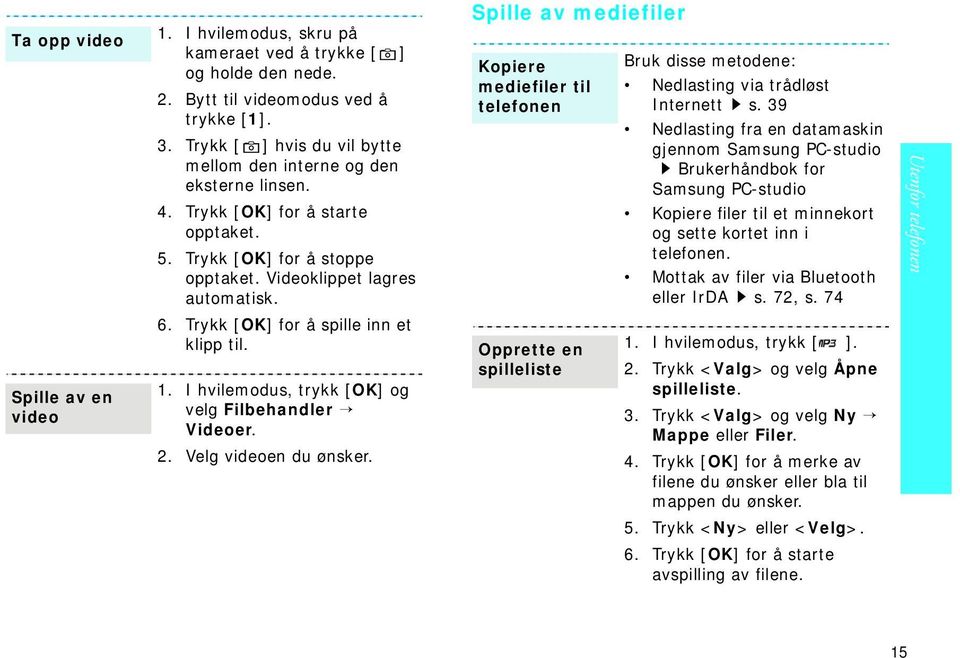 Spille av mediefiler Kopiere mediefiler til telefonen Bruk disse metodene: Nedlasting via trådløst Internett s.