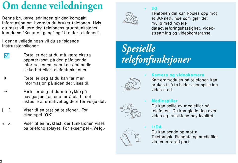 I denne veiledningen vil du se følgende instruksjonsikoner: Forteller det at du må være ekstra oppmerksom på den påfølgende informasjonen, som kan omhandle sikkerhet eller telefonfunksjoner.