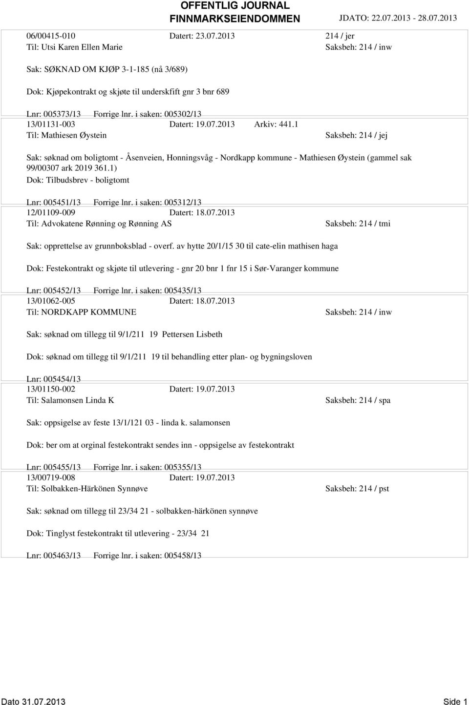 1 Til: Mathiesen Øystein Sak: søknad om boligtomt - Åsenveien, Honningsvåg - Nordkapp kommune - Mathiesen Øystein (gammel sak 99/00307 ark 2019 361.