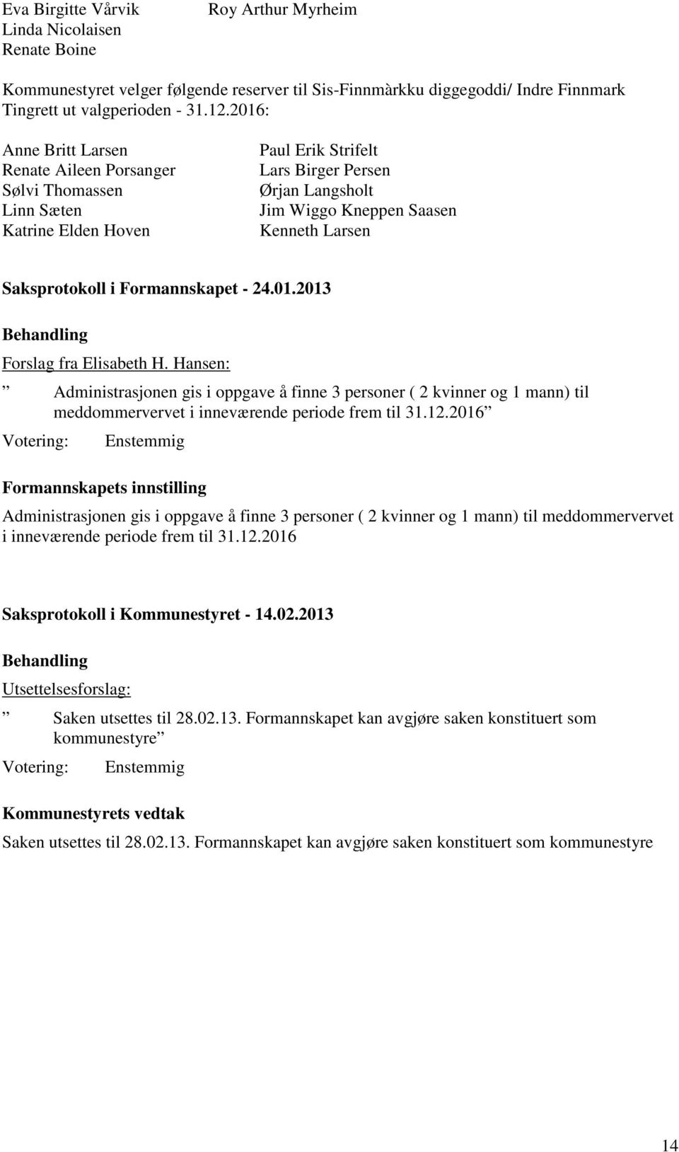 Saksprotokoll i Formannskapet - 24.01.2013 Behandling Forslag fra Elisabeth H.