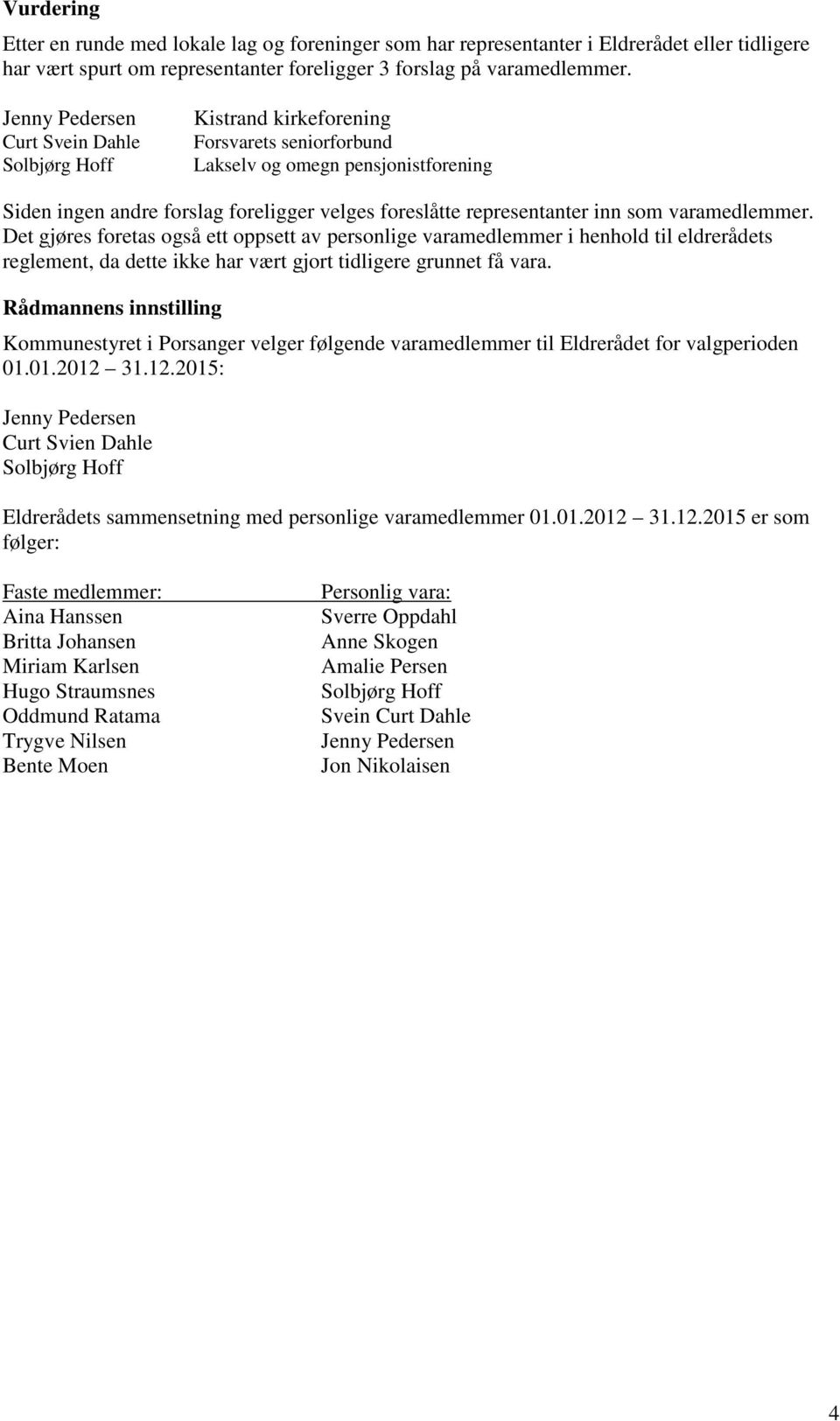 inn som varamedlemmer. Det gjøres foretas også ett oppsett av personlige varamedlemmer i henhold til eldrerådets reglement, da dette ikke har vært gjort tidligere grunnet få vara.