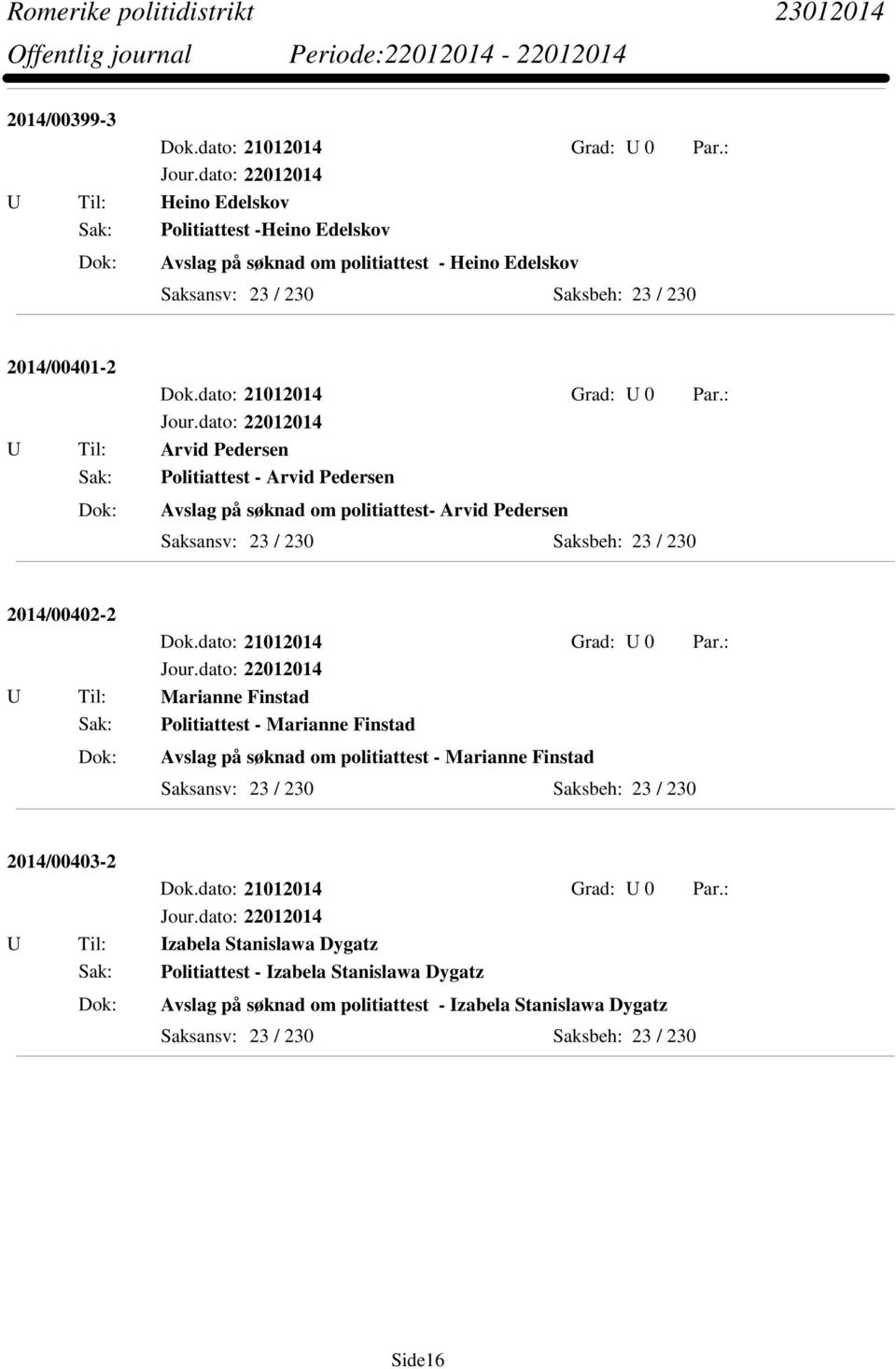 : U Til: Arvid Pedersen Sak: Politiattest - Arvid Pedersen Avslag på søknad om politiattest- Arvid Pedersen 2014/00402-2 Dok.dato: 21012014 Grad: U 0 Par.