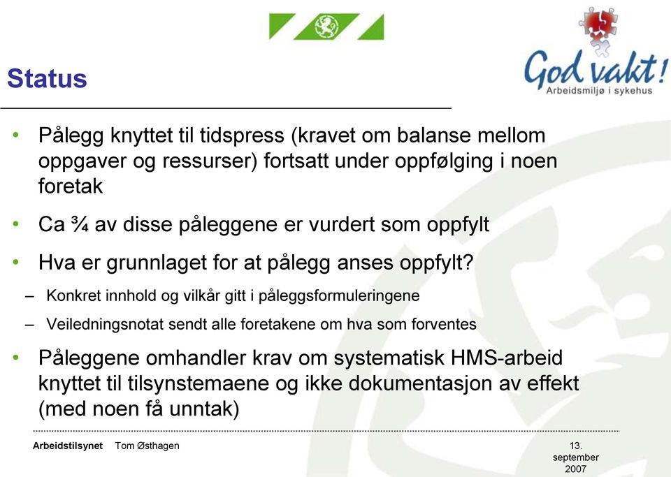 Konkret innhold og vilkår gitt i påleggsformuleringene Veiledningsnotat sendt alle foretakene om hva som forventes