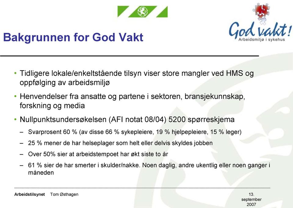 60 % (av disse 66 % sykepleiere, 19 % hjelpepleiere, 15 % leger) 25 % mener de har helseplager som helt eller delvis skyldes jobben Over