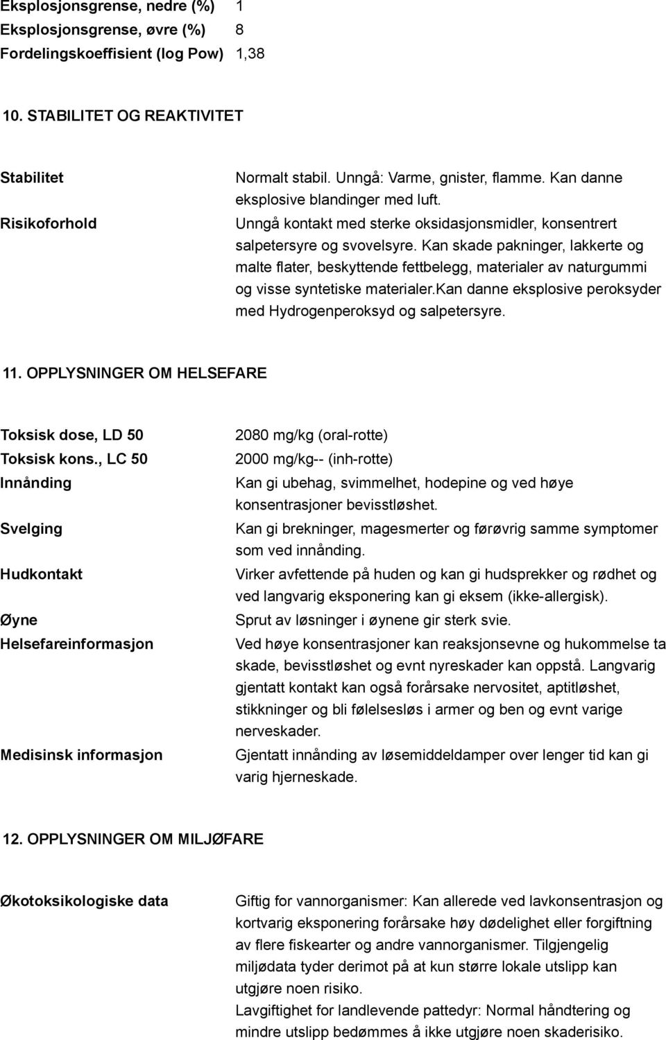 Kan skade pakninger, lakkerte og malte flater, beskyttende fettbelegg, materialer av naturgummi og visse syntetiske materialer.kan danne eksplosive peroksyder med Hydrogenperoksyd og salpetersyre. 11.