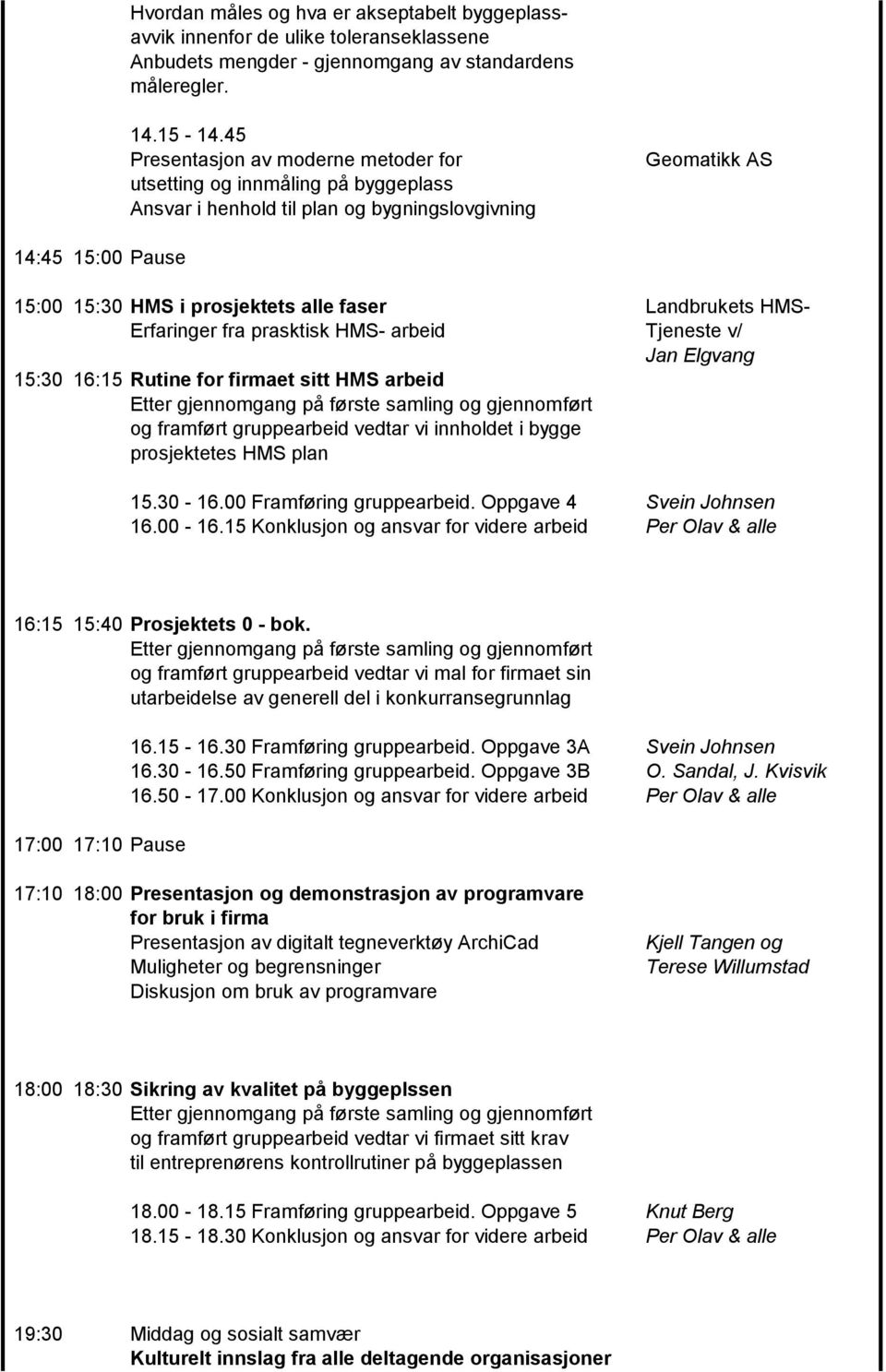 Landbrukets HMS- Erfaringer fra prasktisk HMS- arbeid Tjeneste v/ Jan Elgvang 15:30 16:15 Rutine for firmaet sitt HMS arbeid og framført gruppearbeid vedtar vi innholdet i bygge prosjektetes HMS plan