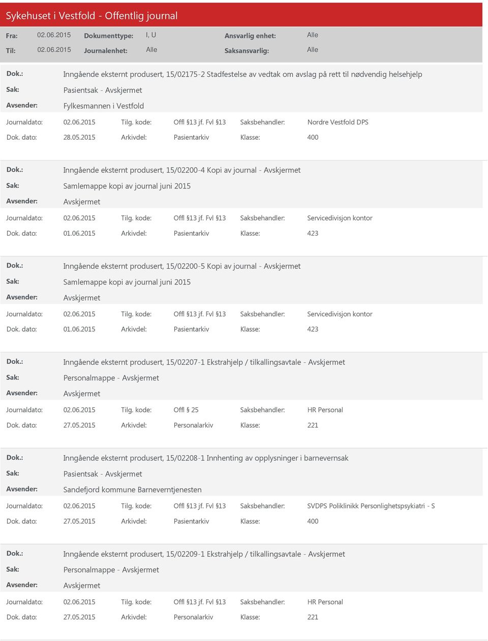 2015 Arkivdel: Pasientarkiv 423 Inngående eksternt produsert, 15/02200-5 Kopi av journal - Samlemappe kopi av journal juni 2015 Servicedivisjon kontor Dok. dato: 01.06.