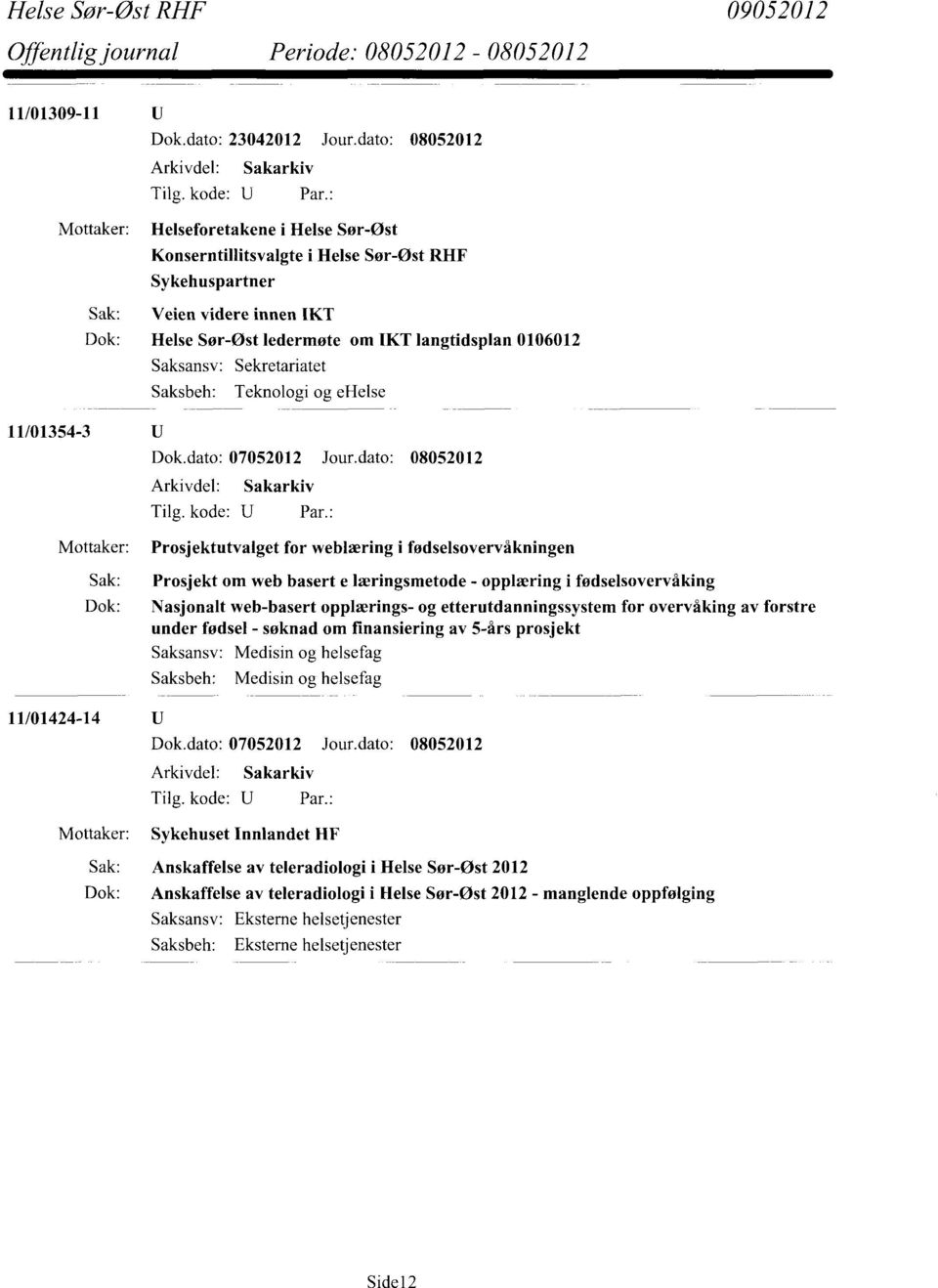 Sekretariatet Teknologi og ehelse 11/01354-3 Dok.dato: 07052012 Jour.