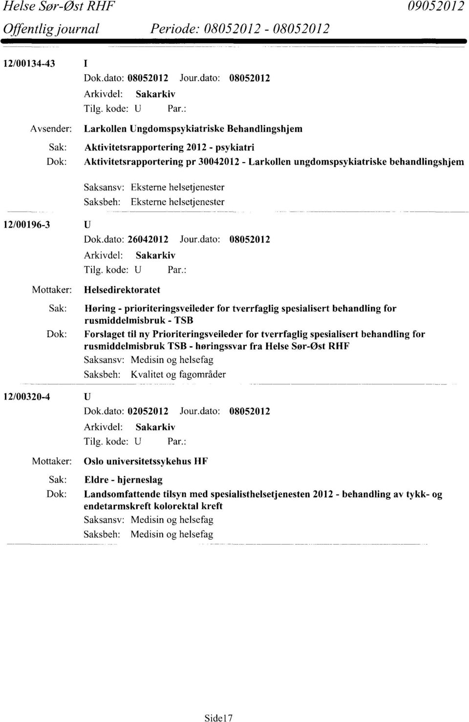 dato: 08052012 Helsedirektoratet Sak: Høring - prioriteringsveileder for tverrfaglig spesialisert behandling for rusmiddelmisbruk - TSB Dok: Forslaget til ny Prioriteringsveileder for tverrfaglig