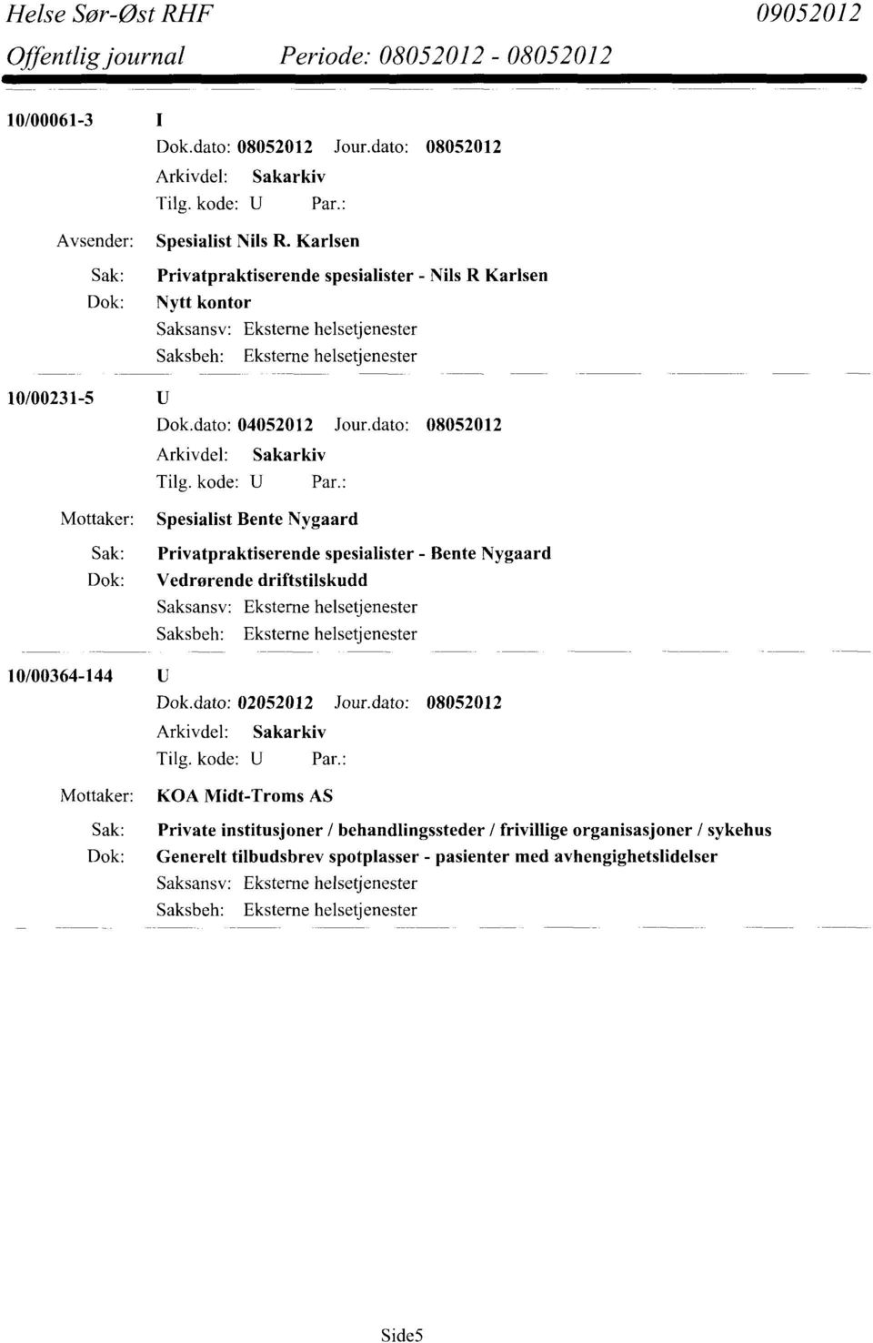 dato: 08052012 Spesialist Bente Nygaard Sak: Privatpraktiserende spesialister - Bente Nygaard Dok: Vedrørende driftstilskudd