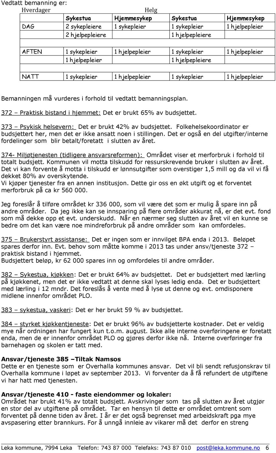 372 Praktisk bistand i hjemmet: Det er brukt 65% av budsjettet. 373 Psykisk helsevern: Det er brukt 42% av budsjettet.