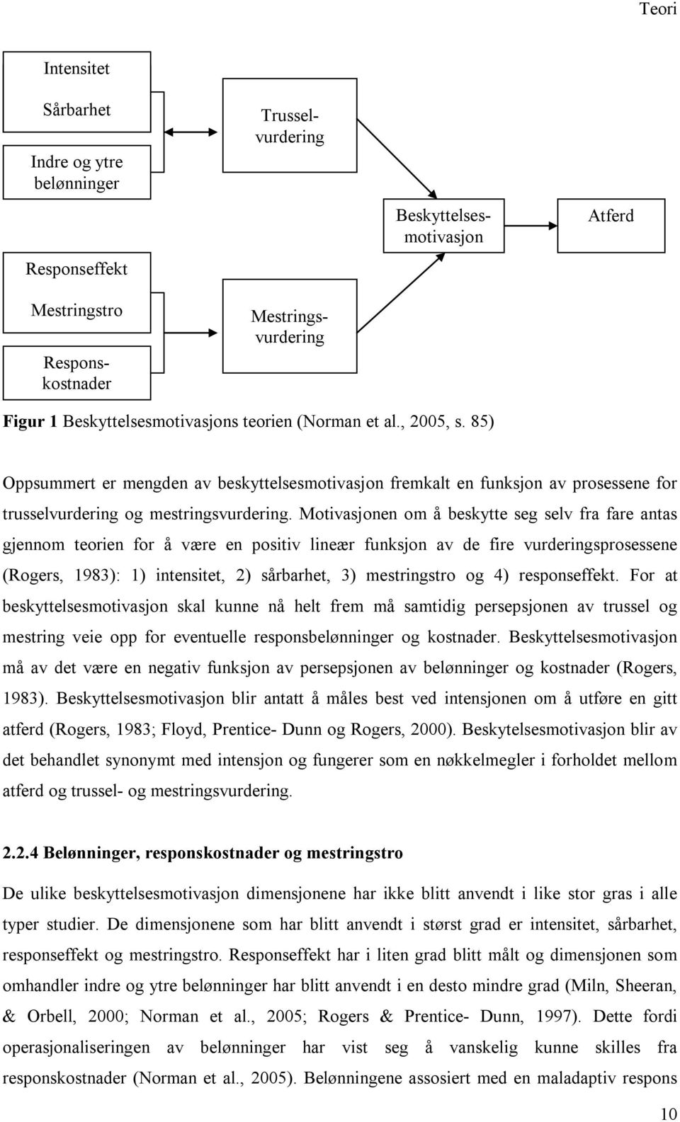 Motivasjonen om å beskytte seg selv fra fare antas gjennom teorien for å være en positiv lineær funksjon av de fire vurderingsprosessene (Rogers, 1983): 1) intensitet, 2) sårbarhet, 3) mestringstro