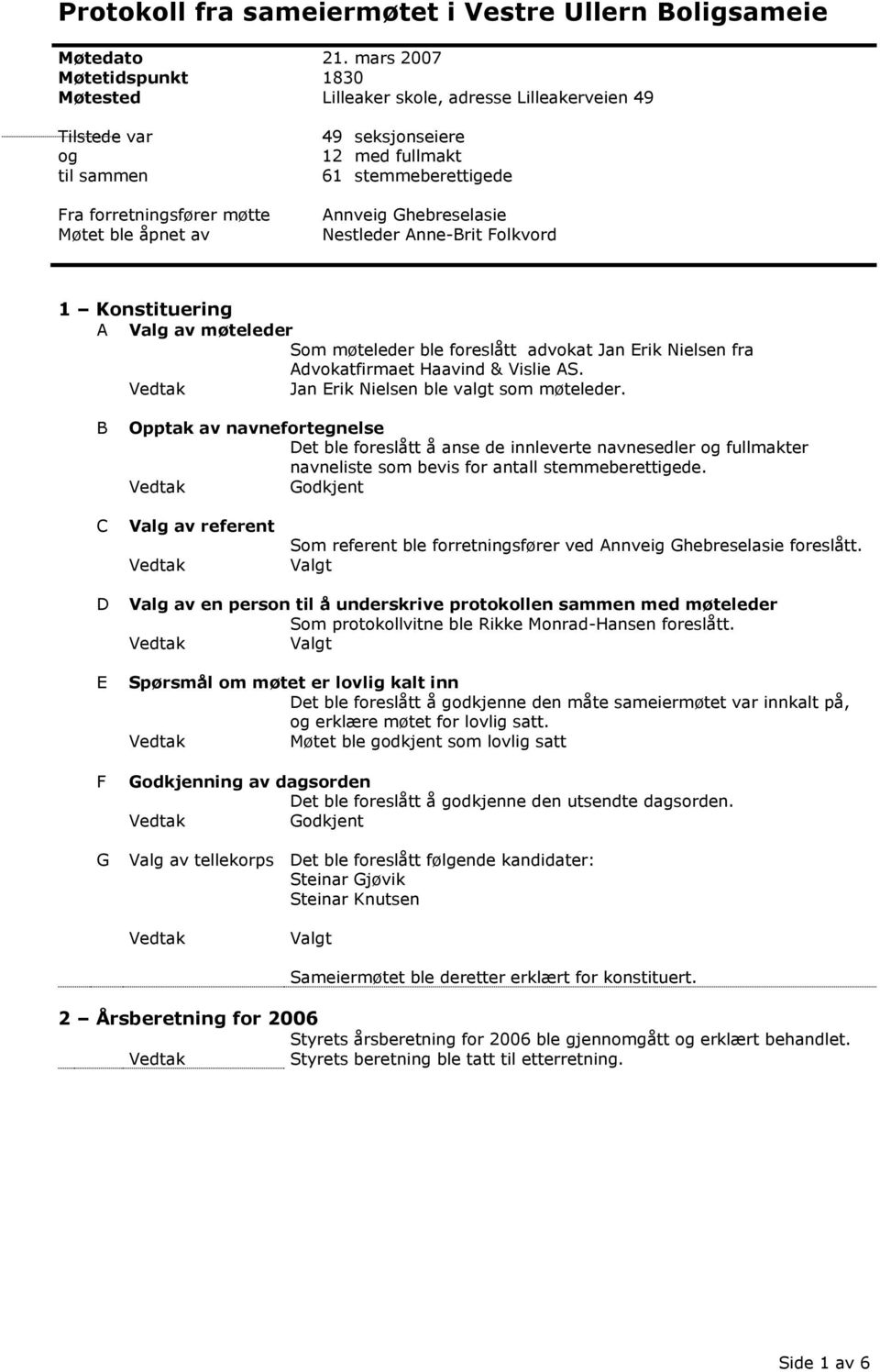 stemmeberettigede Annveig Ghebreselasie Nestleder Anne-Brit Folkvord 1 Konstituering A Valg av møteleder Som møteleder ble foreslått advokat Jan Erik Nielsen fra Advokatfirmaet Haavind & Vislie AS.