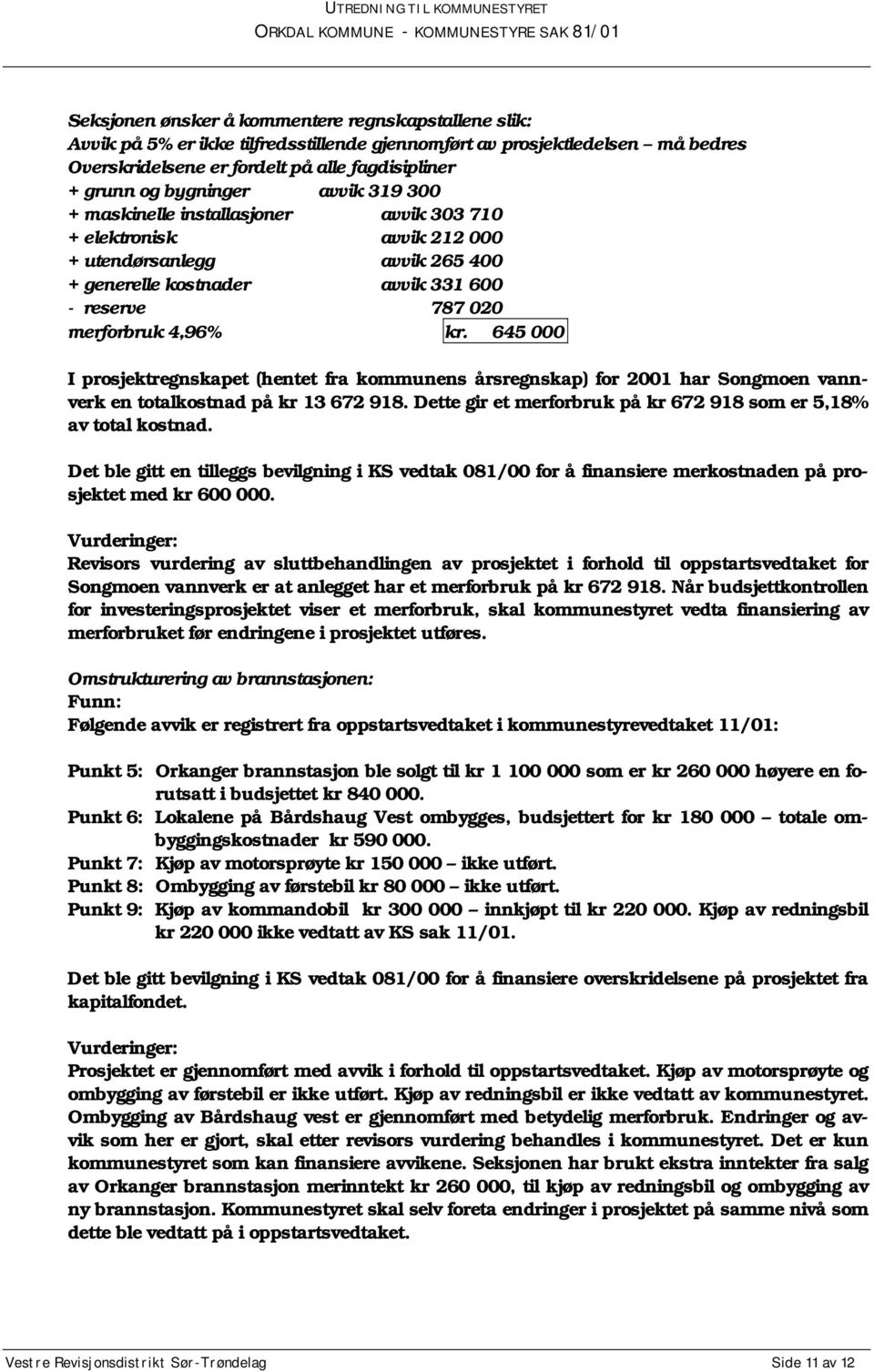 645 000 I prosjektregnskapet (hentet fra kommunens årsregnskap) for 2001 har Songmoen vannverk en totalkostnad på kr 13 672 918. Dette gir et merforbruk på kr 672 918 som er 5,18% av total kostnad.