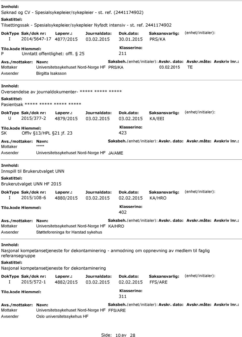 Mottaker ***** niversitetssykehuset Nord-Norge HF JA/AME nnspill til Brukerutvalget NN Brukerutvalget NN HF 2015 2015/108-6 4880/2015 402 Mottaker niversitetssykehuset Nord-Norge HF