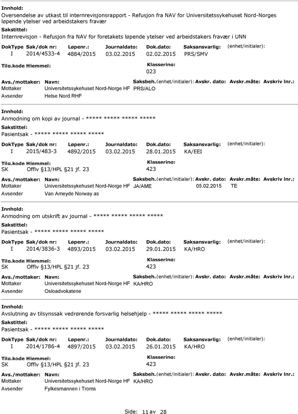 2015/483-3 4892/2015 28.01.2015 KA/EE Mottaker niversitetssykehuset Nord-Norge HF JA/AME 05.02.