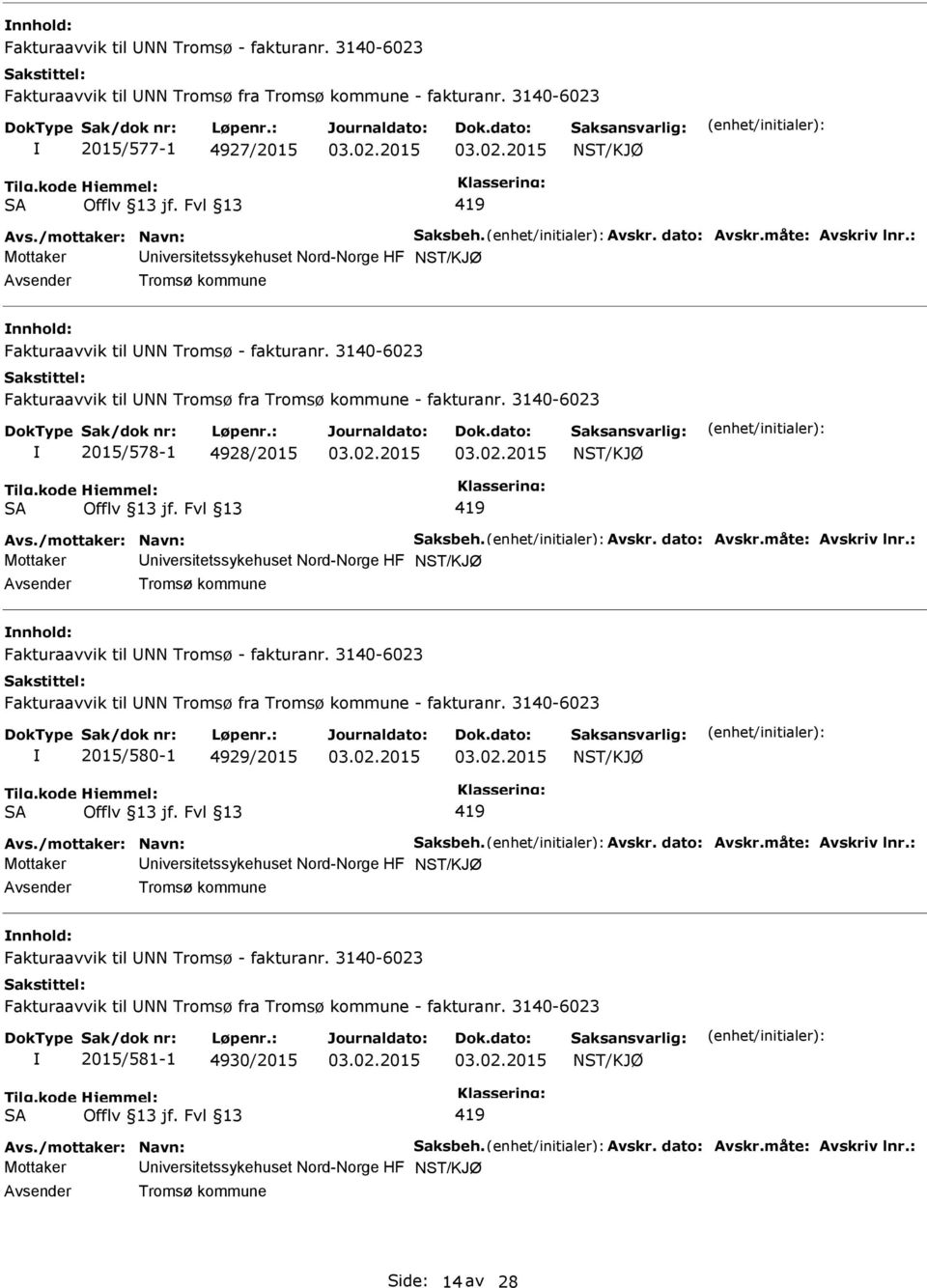 Nord-Norge HF NST/KJØ Tromsø kommune  3140-6023 2015/580-1 4929/2015 NST/KJØ SA 419 Mottaker niversitetssykehuset Nord-Norge HF NST/KJØ Tromsø kommune  3140-6023 2015/581-1 4930/2015 NST/KJØ SA 419