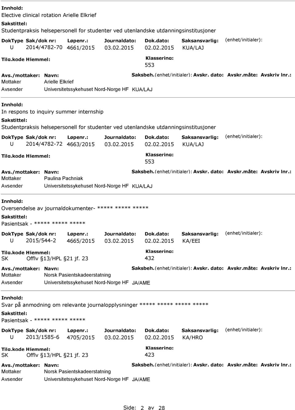 Mottaker aulina achniak niversitetssykehuset Nord-Norge HF KA/LAJ Oversendelse av journaldokumenter- ***** ***** ***** asientsak - ***** ***** ***** 2015/544-2 4665/2015 KA/EE 432 Mottaker Norsk