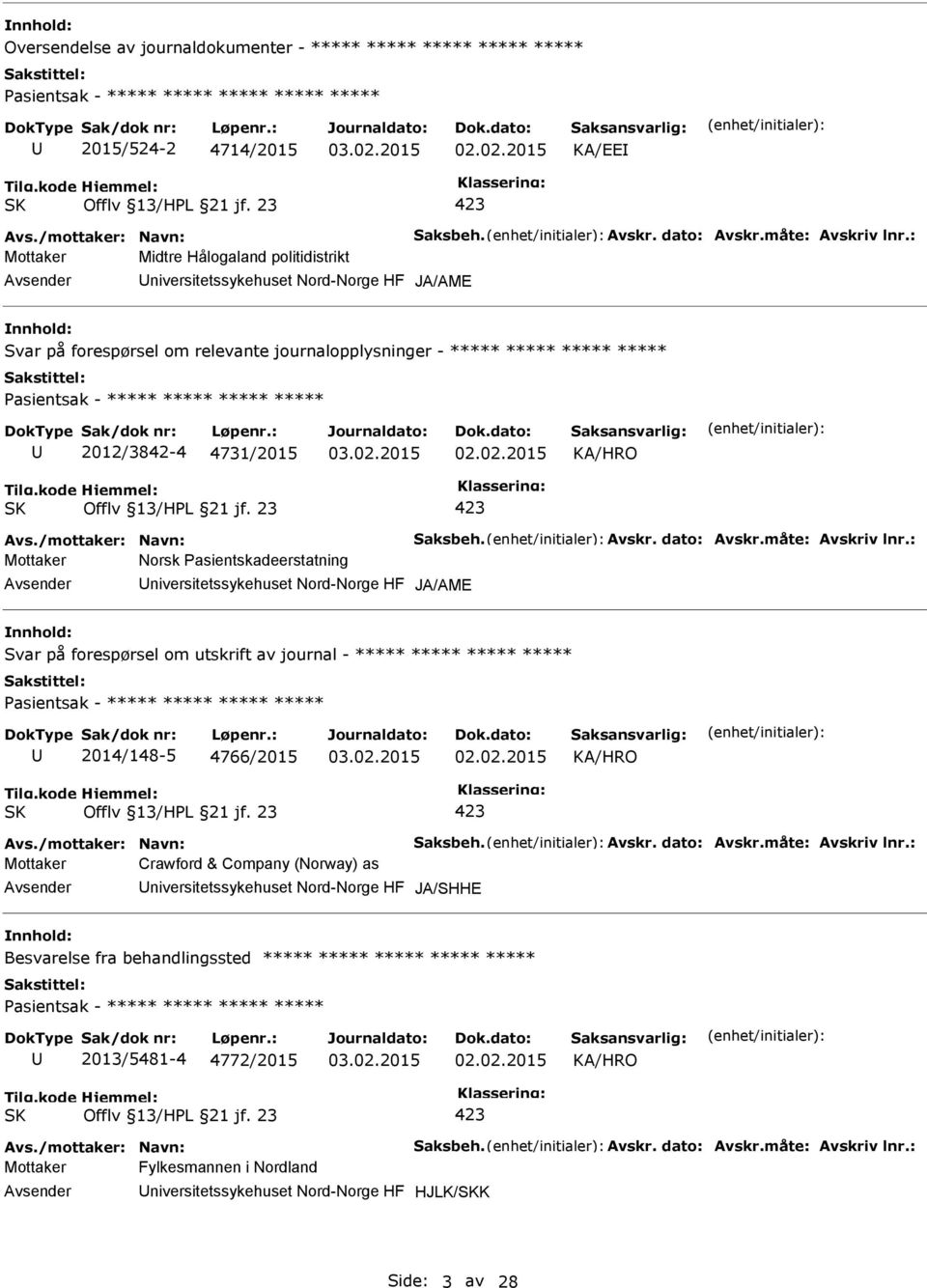 HF JA/AME Svar på forespørsel om utskrift av journal - ***** ***** ***** ***** 2014/148-5 4766/2015 Mottaker Crawford & Company (Norway) as niversitetssykehuset Nord-Norge HF