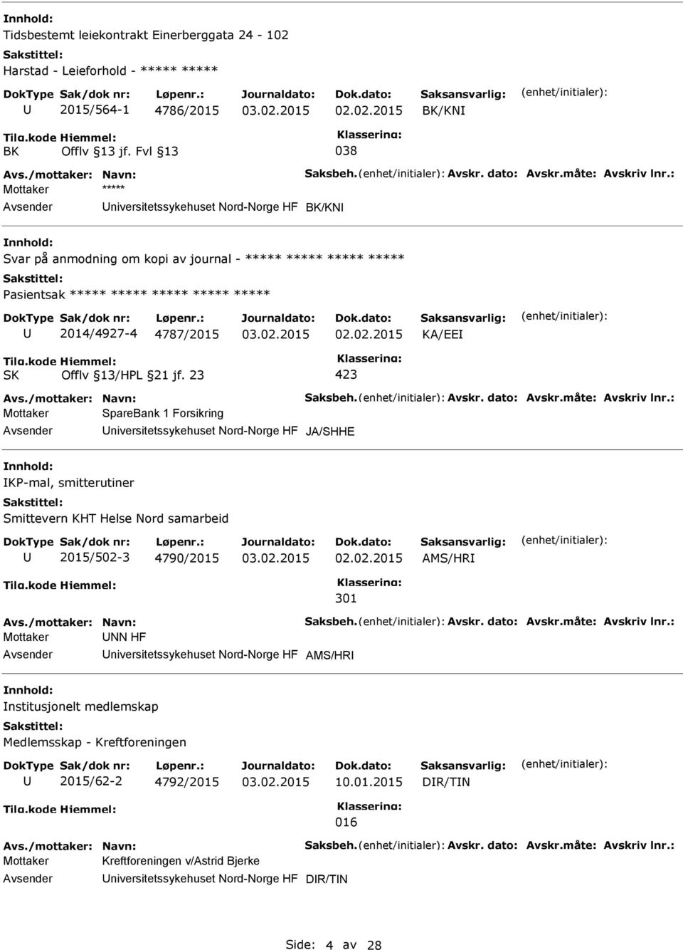 Nord-Norge HF JA/SHHE K-mal, smitterutiner Smittevern KHT Helse Nord samarbeid 2015/502-3 4790/2015 AMS/HR 301 Mottaker NN HF niversitetssykehuset Nord-Norge HF AMS/HR