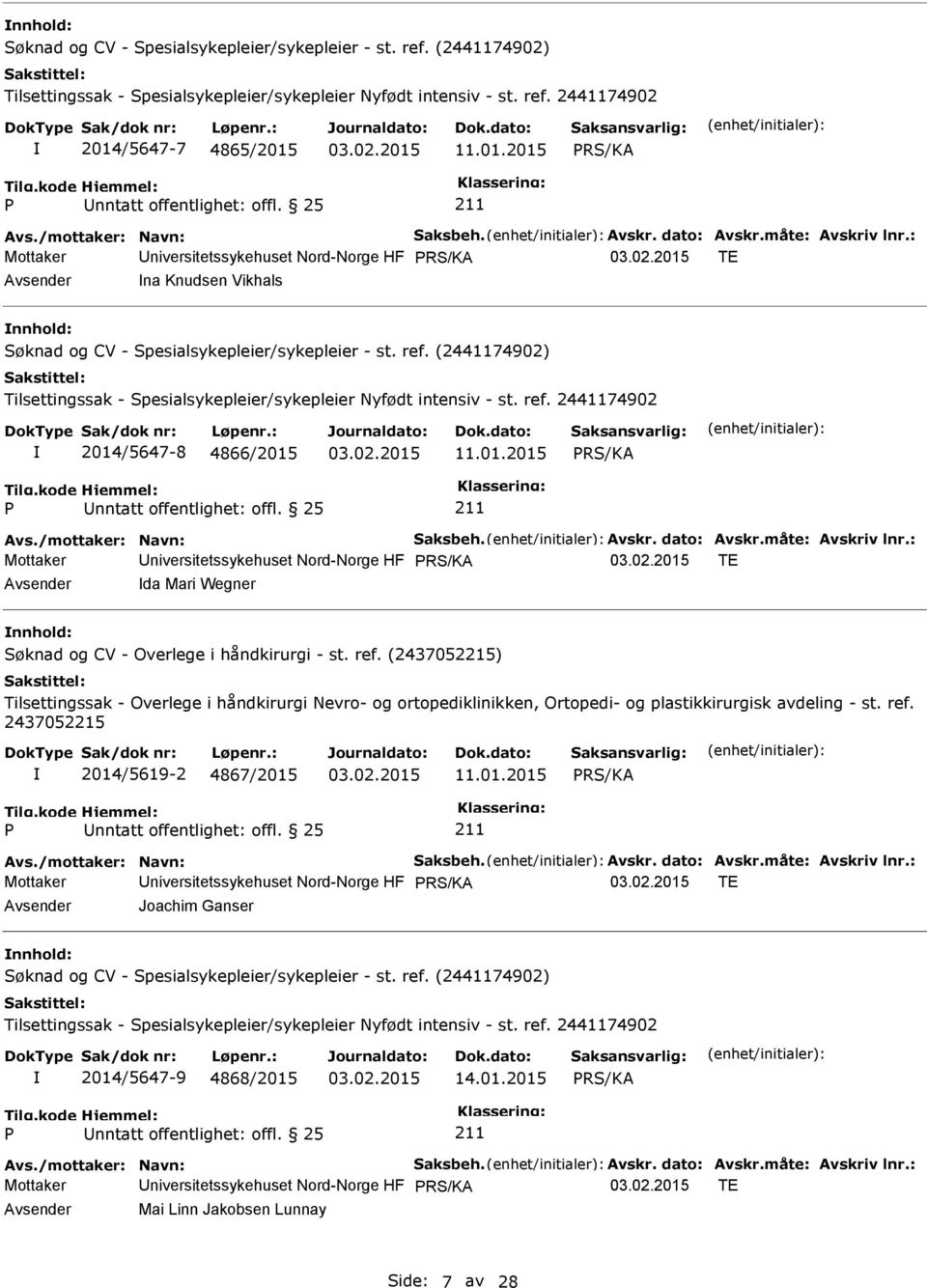 /5619-2 4867/2015 11.01.2015 nntatt offentlighet: offl. 25 Mottaker niversitetssykehuset Nord-Norge HF TE Joachim Ganser 2014/5647-9 4868/2015 14.01.2015 nntatt offentlighet: offl. 25 Mottaker niversitetssykehuset Nord-Norge HF TE Mai Linn Jakobsen Lunnay Side: 7 av 28