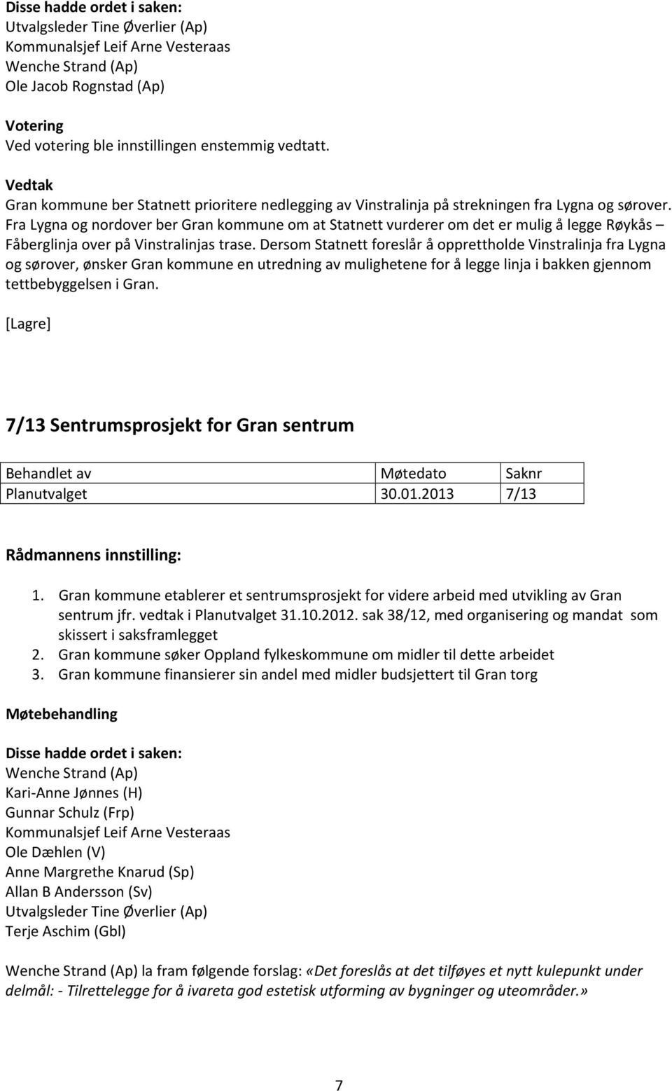 Dersom Statnett foreslår å opprettholde Vinstralinja fra Lygna og sørover, ønsker Gran kommune en utredning av mulighetene for å legge linja i bakken gjennom tettbebyggelsen i Gran.