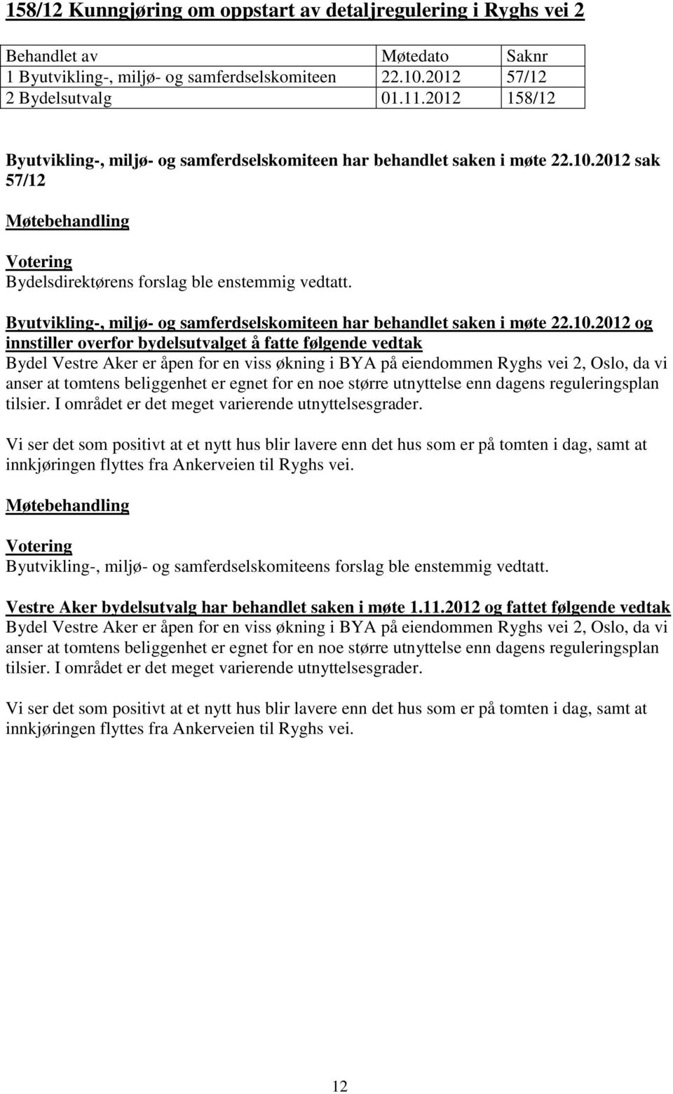 2012 sak 57/12 Byutvikling-, miljø- og samferdselskomiteen har behandlet saken i møte 22.10.