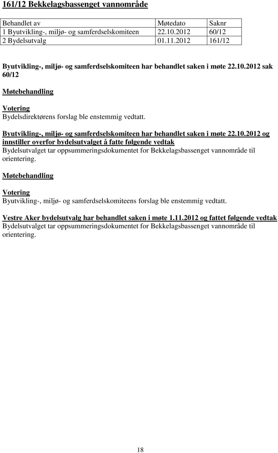 2012 sak 60/12 Byutvikling-, miljø- og samferdselskomiteen har behandlet saken i møte 22.10.