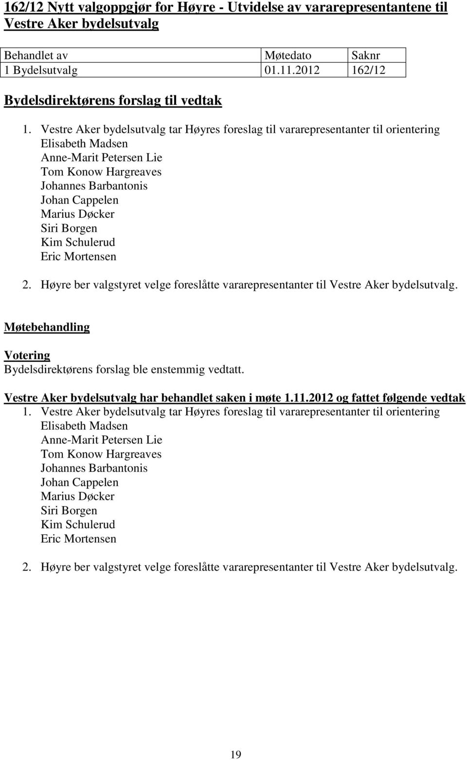 Siri Borgen Kim Schulerud Eric Mortensen 2. Høyre ber valgstyret velge foreslåtte vararepresentanter til Vestre Aker bydelsutvalg. 1.  Siri Borgen Kim Schulerud Eric Mortensen 2.