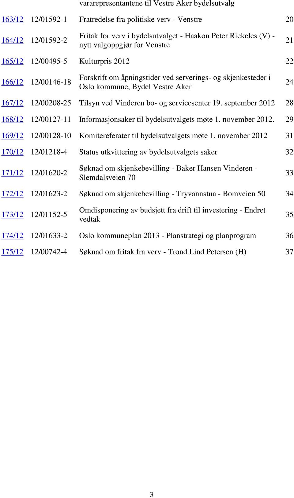 Tilsyn ved Vinderen bo- og servicesenter 19. september 2012 28 168/12 12/00127-11 Informasjonsaker til bydelsutvalgets møte 1. november 2012.