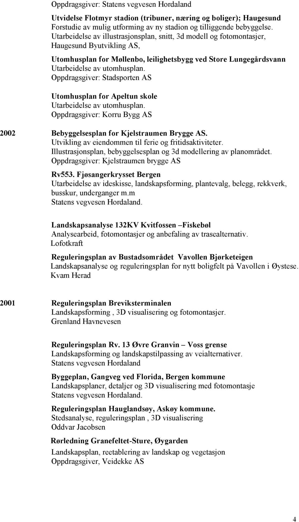 Oppdragsgiver: Stadsporten AS Utomhusplan for Apeltun skole Utarbeidelse av utomhusplan. Oppdragsgiver: Korru Bygg AS 2002 Bebyggelsesplan for Kjelstraumen Brygge AS.