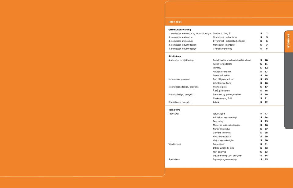 semester industridesign: Grensesprengning S 8 INNHOLD Studiokurs Arkitektur prosjektering: En feltøvelse med overlevelsesdrakt S 10 Tyske forbindelser S 11 Primitiv S 12 Arkitektur og film S 13