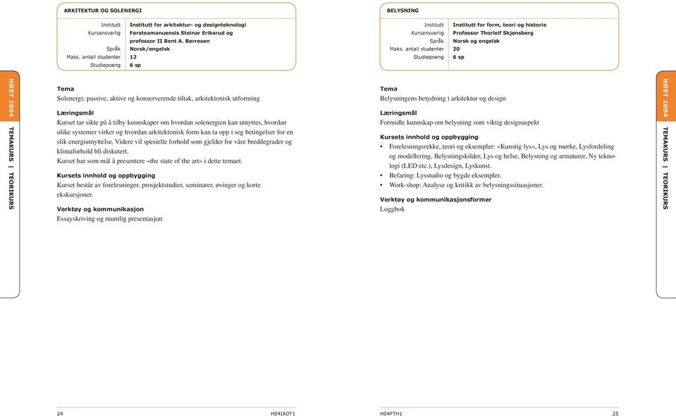 antall studenter 20 HØST 2004 TEMAKURS TEORIKURS Solenergi; passive, aktive og konserverende tiltak, arkitektonisk utforming Kurset tar sikte på å tilby kunnskaper om hvordan solenergien kan