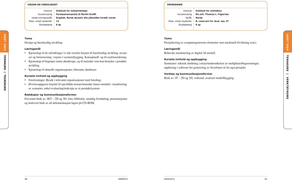 IT 6 sp HØST 2004 TEMAKURS TEORIKURS Design og bærekraftig utvikling Kjennskap til de utfordringer vi står overfor knyttet til bærekraftig utvikling, ressurser og forurensning, visjons-/