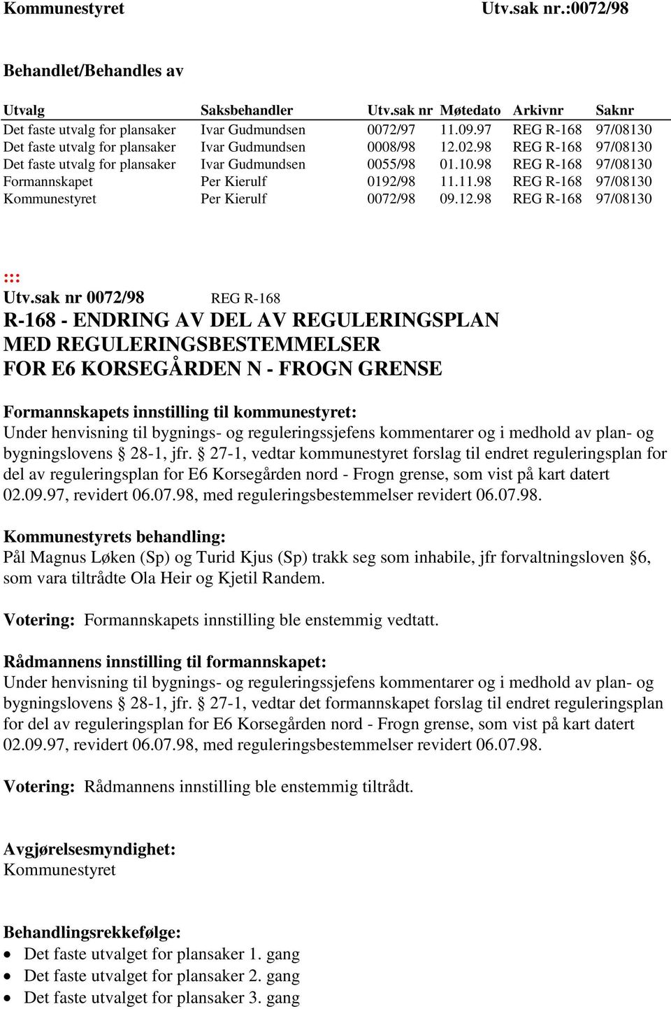 98 REG R-168 97/08130 Formannskapet Per Kierulf 0192/98 11.11.98 REG R-168 97/08130 Kommunestyret Per Kierulf 0072/98 09.12.98 REG R-168 97/08130 ::: Utv.