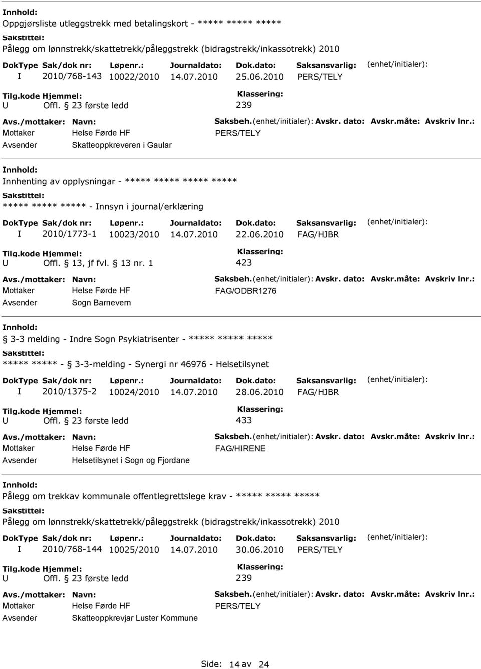 2010 Sogn Barnevern nnhold: 3-3 melding - ndre Sogn Psykiatrisenter - - 3-3-melding - Synergi nr 46976 - Helsetilsynet 2010/1375-2