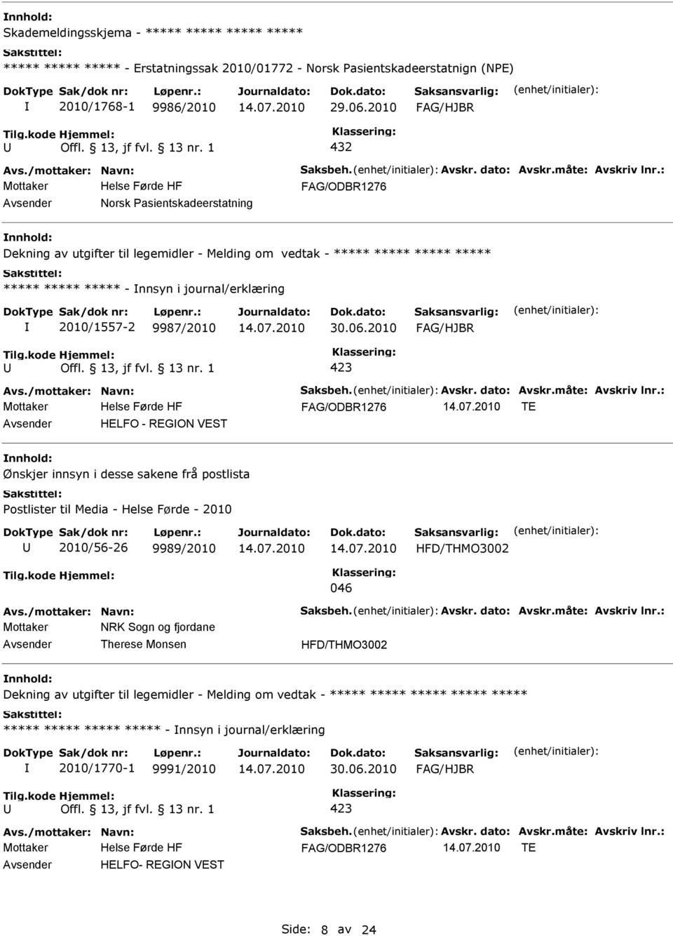 HELFO - REGON VEST nnhold: Ønskjer innsyn i desse sakene frå postlista Postlister til Media - Helse Førde - 2010 2010/56-26 9989/2010 HFD/THMO3002 046 Mottaker