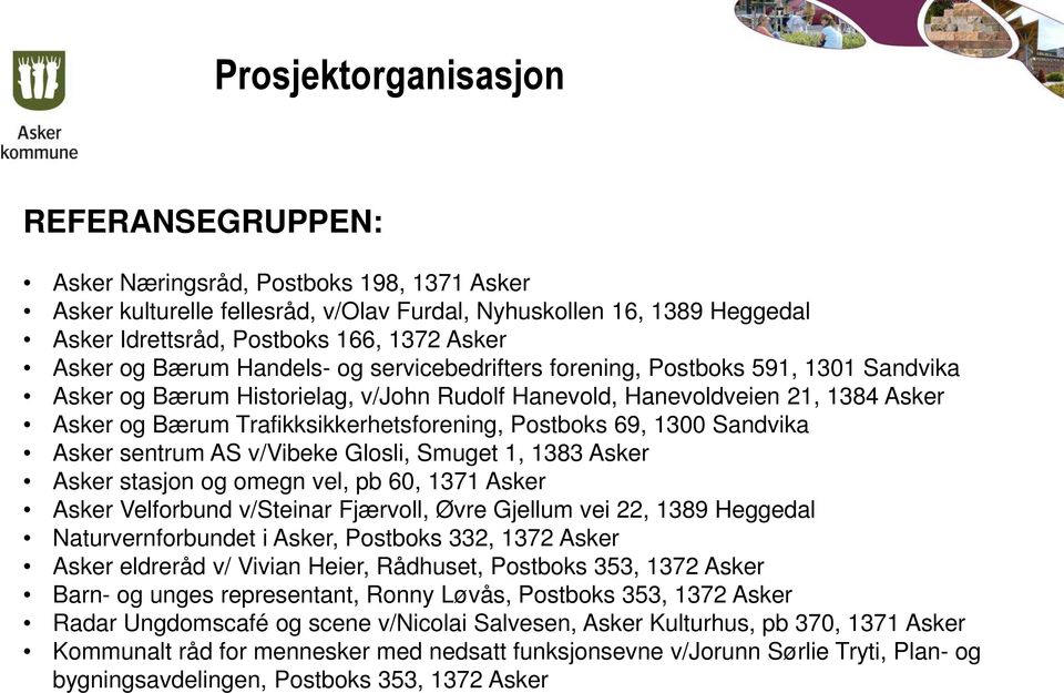 Trafikksikkerhetsforening, Postboks 69, 1300 Sandvika Asker sentrum AS v/vibeke Glosli, Smuget 1, 1383 Asker Asker stasjon og omegn vel, pb 60, 1371 Asker Asker Velforbund v/steinar Fjærvoll, Øvre