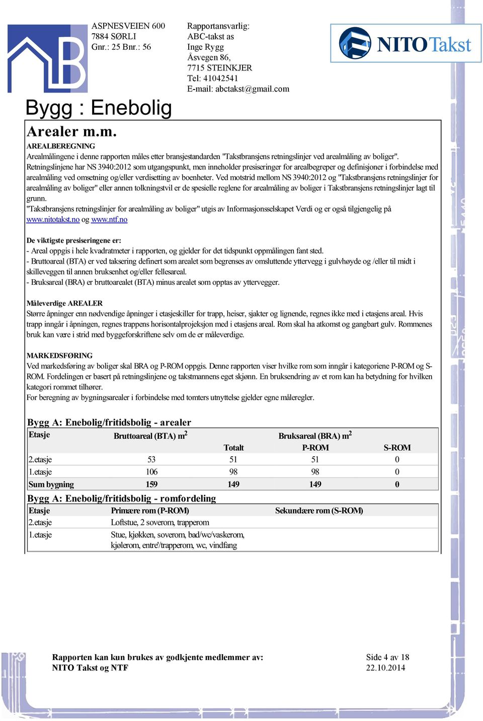 3940:2012 og "Takstbransjens retningslinjer for arealmåling av boliger" eller annen tolkningstvil er de spesielle reglene for arealmåling av boliger i Takstbransjens retningslinjer lagt til grunn