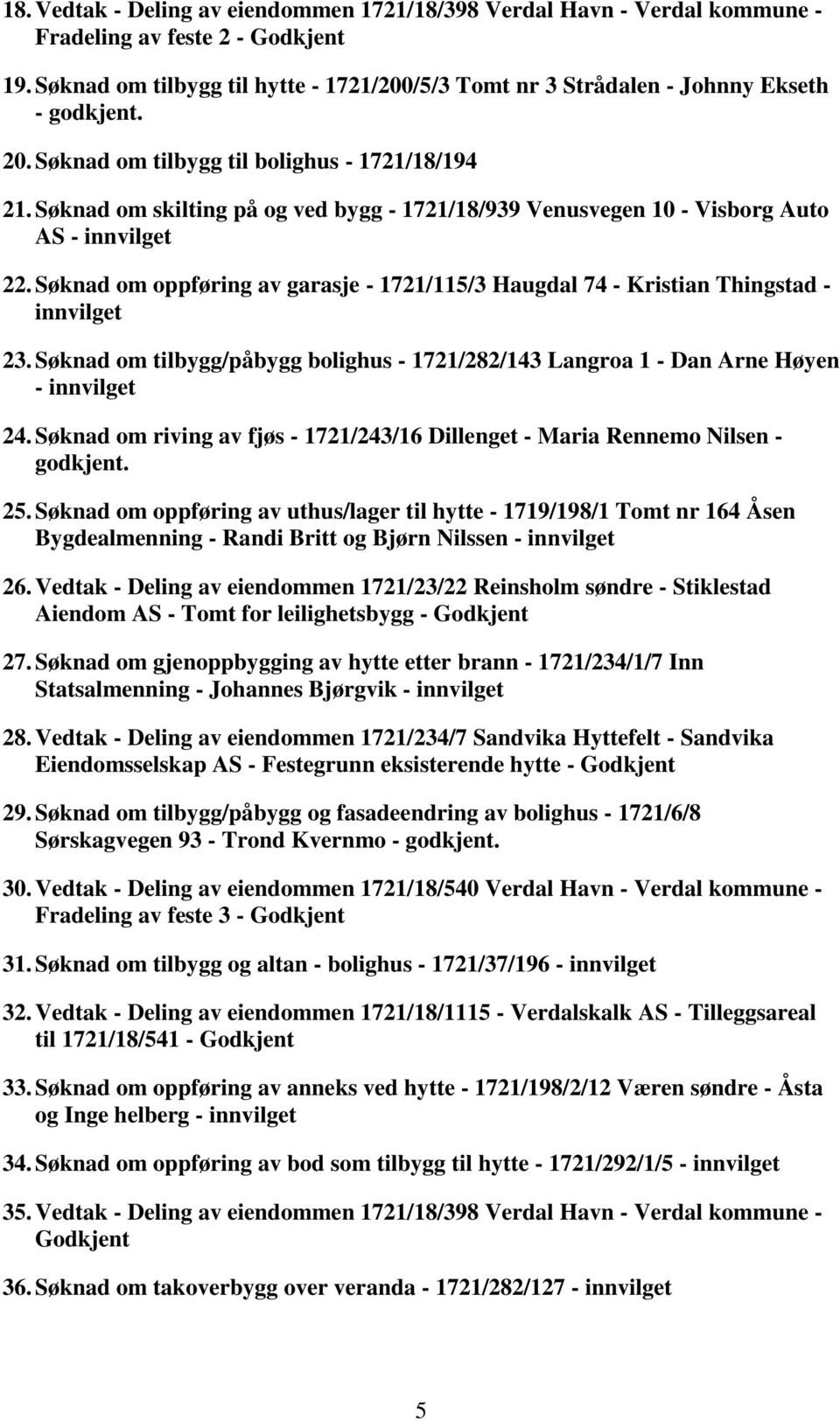 Søknad om skilting på og ved bygg - 1721/18/939 Venusvegen 10 - Visborg Auto AS - innvilget 22. Søknad om oppføring av garasje - 1721/115/3 Haugdal 74 - Kristian Thingstad - innvilget 23.