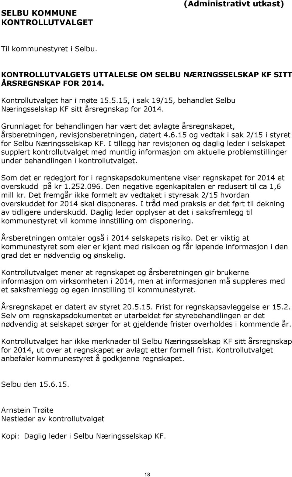 15 og vedtak i sak 2/15 i styret for Selbu Næringsselskap KF.