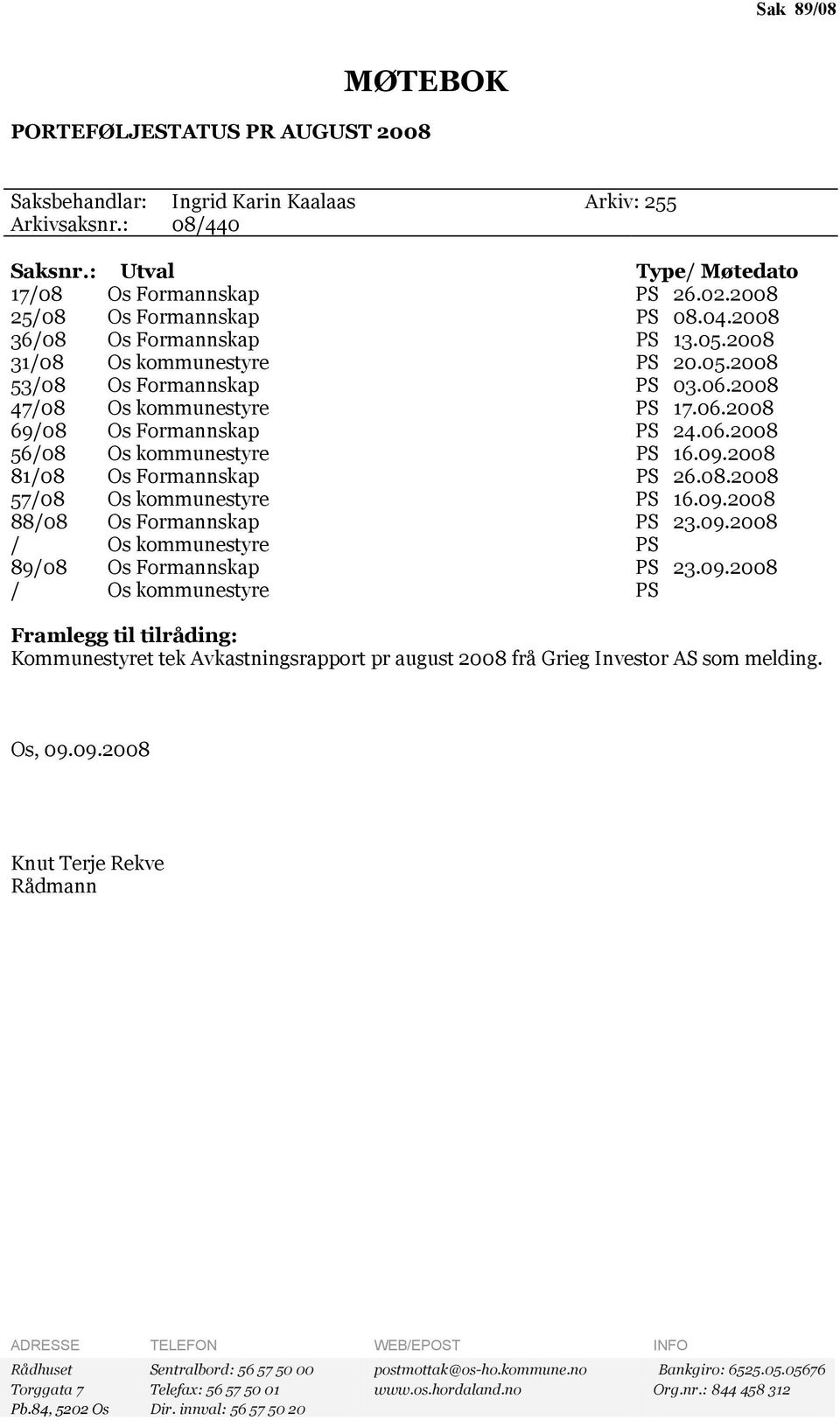 06.2008 56/08 Os kommunestyre PS 16.09.2008 81/08 Os Formannskap PS 26.08.2008 57/08 Os kommunestyre PS 16.09.2008 88/08 Os Formannskap PS 23.09.2008 / Os kommunestyre PS 89/08 Os Formannskap PS 23.