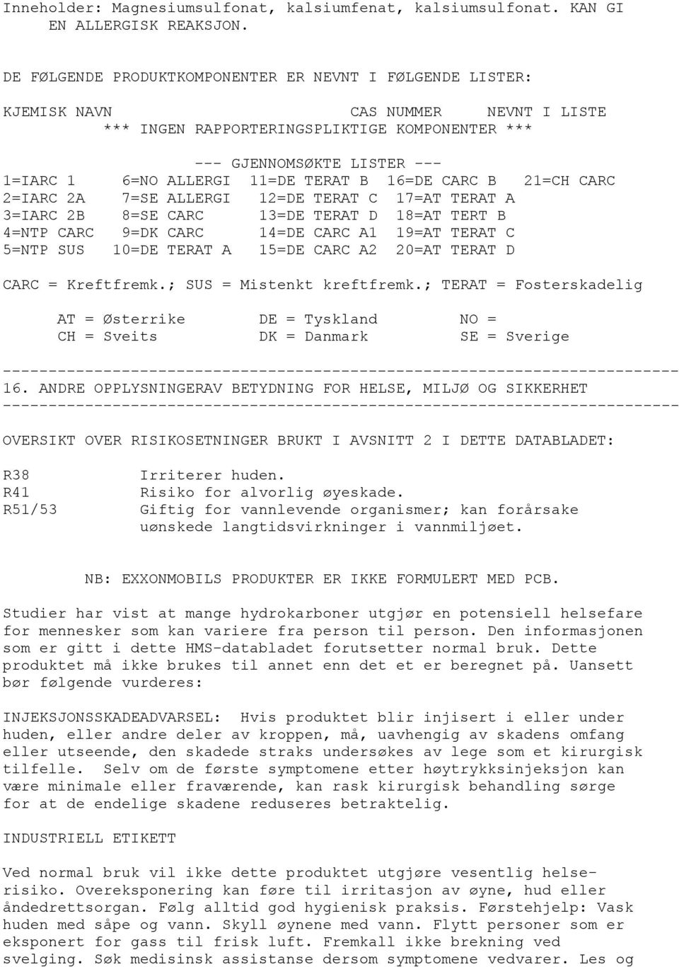 11=DE TERAT B 16=DE CARC B 21=CH CARC 2=IARC 2A 7=SE ALLERGI 12=DE TERAT C 17=AT TERAT A 3=IARC 2B 8=SE CARC 13=DE TERAT D 18=AT TERT B 4=NTP CARC 9=DK CARC 14=DE CARC A1 19=AT TERAT C 5=NTP SUS