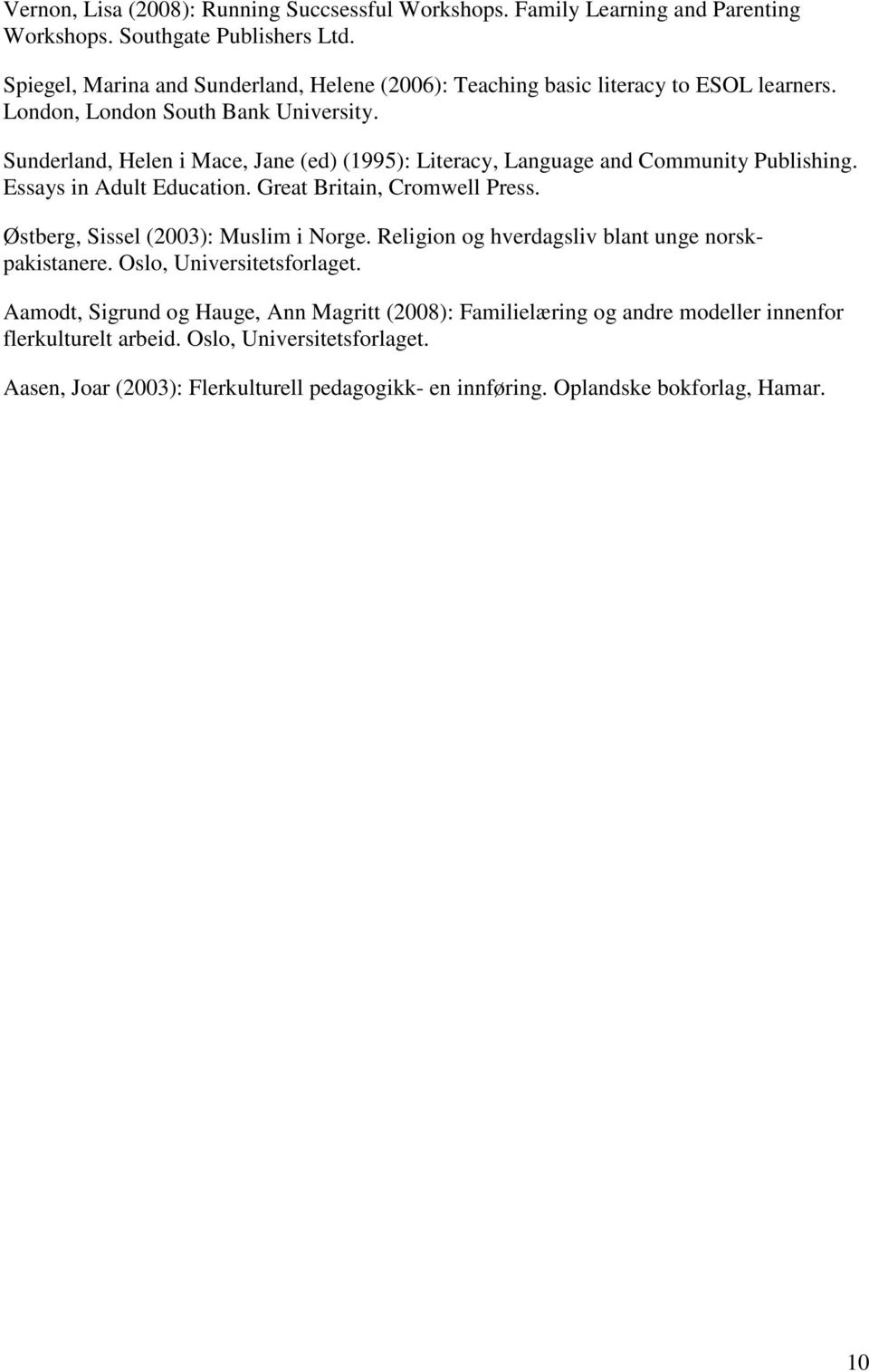 Sunderland, Helen i Mace, Jane (ed) (1995): Literacy, Language and Community Publishing. Essays in Adult Education. Great Britain, Cromwell Press. Østberg, Sissel (2003): Muslim i Norge.