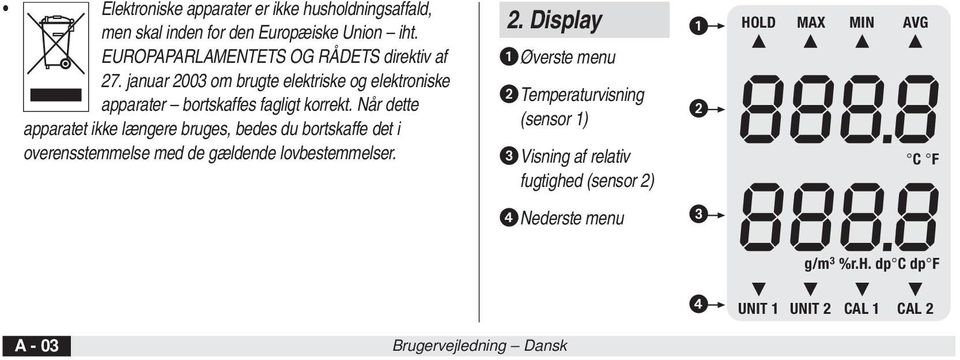 Når dette apparatet ikke længere bruges, bedes du bortskaffe det i overensstemmelse med de gældende lovbestemmelser. 2.