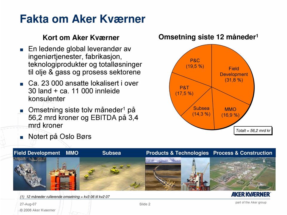 11 000 innleide konsulenter Omsetning siste tolv måneder 1 på 56,2 mrd kroner og EBITDA på 3,4 mrd kroner Notert på Oslo Børs Omsetning siste 12 måneder 1 P&T