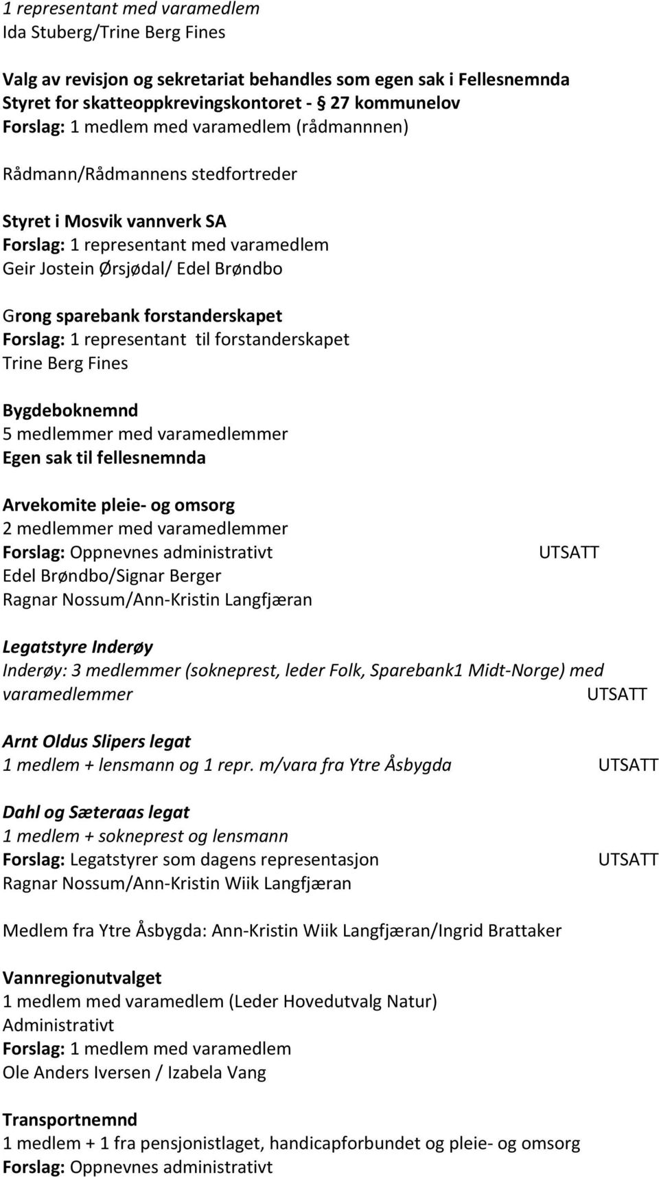 medlemmer med varamedlemmer Egen sak til fellesnemnda Arvekomite pleie- og omsorg 2 medlemmer med varamedlemmer Forslag: Oppnevnes administrativt Edel Brøndbo/Signar Berger Ragnar Nossum/Ann-Kristin