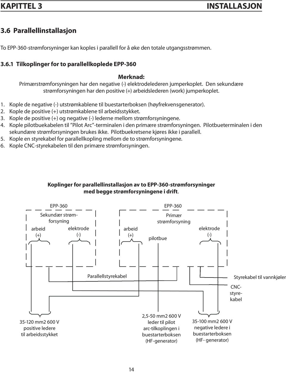 Kople de positive (+) utstrømkablene til arbeidsstykket. 3. Kople de positive (+) og negative (-) lederne mellom strømforsyningene. 4.